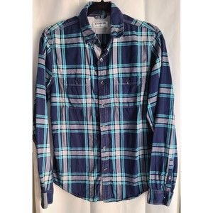 Express Men's Collar Button-Down Long Sleeve Shirt●Blue Green Gray Plaid● SMALL